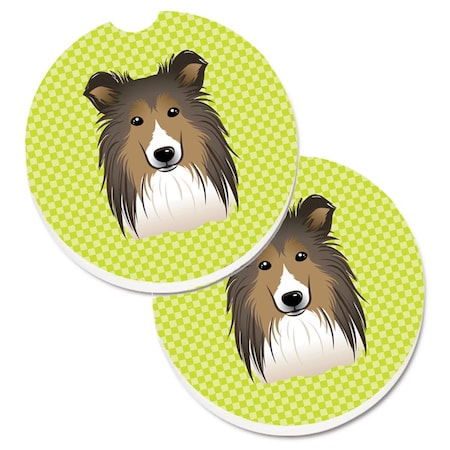 Carolines Treasures Checkerboard Lime Green Sheltie  Cup Holder Car Coaster, PK2 BB1304CARC